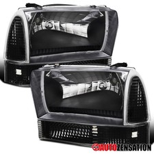 Fits 1999-2004 Ford F250 F350 F450 Super Duty Black Headlights+Corner Lamps Pair