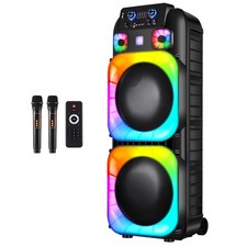 Dual 15" Bluetooth Party Speaker with 7-Color LED Lights Home Karaoke System