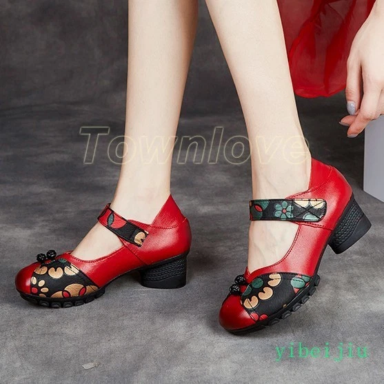 Zapatos étnicos florales de tacón bajo Mary Janes de cuero suave para mujer cómodos primavera Foto 3 de 4