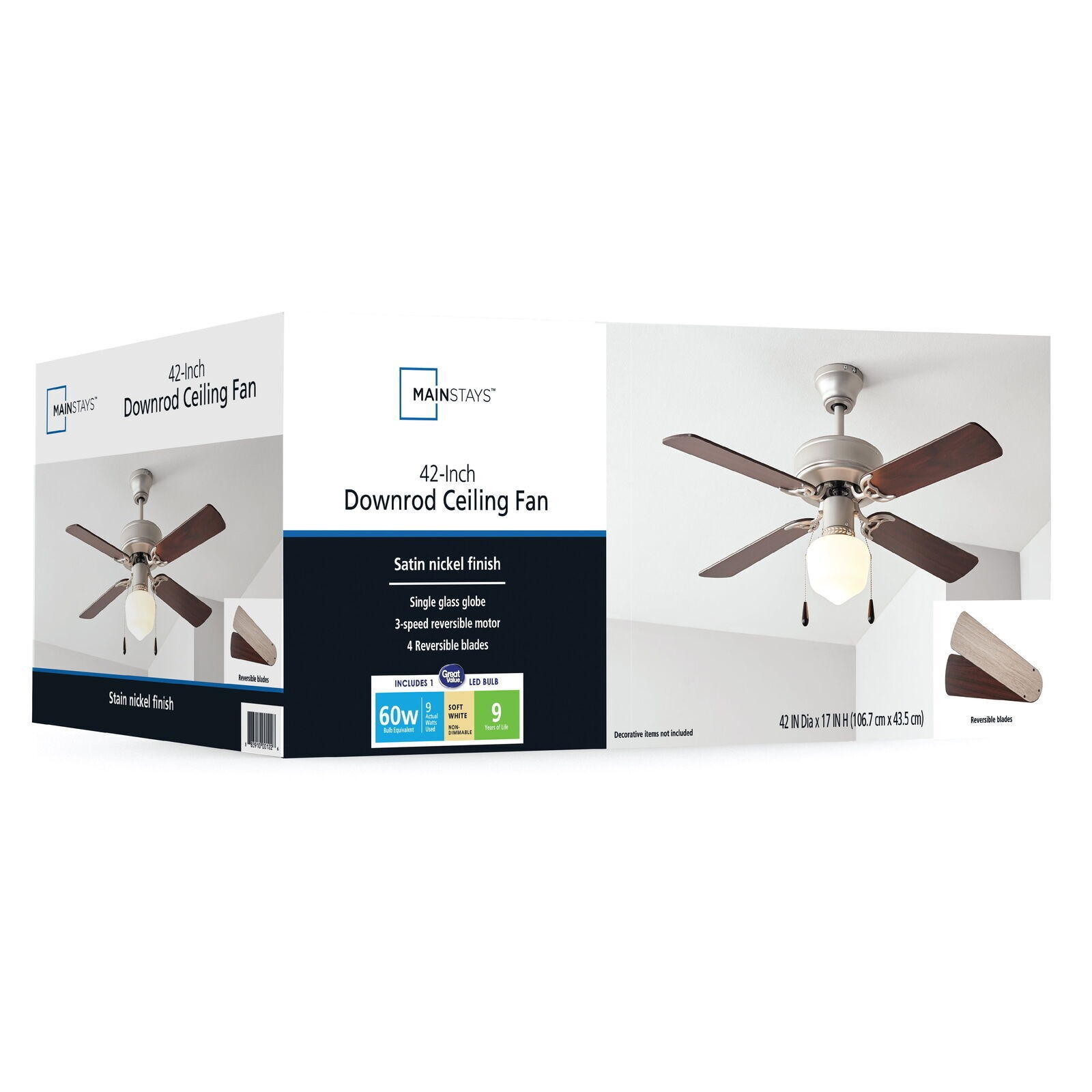 Ceiling Fan 3 Speeds Quiet Reverse Airflow Satin Nickel 4 Blades 42 in Bedroom