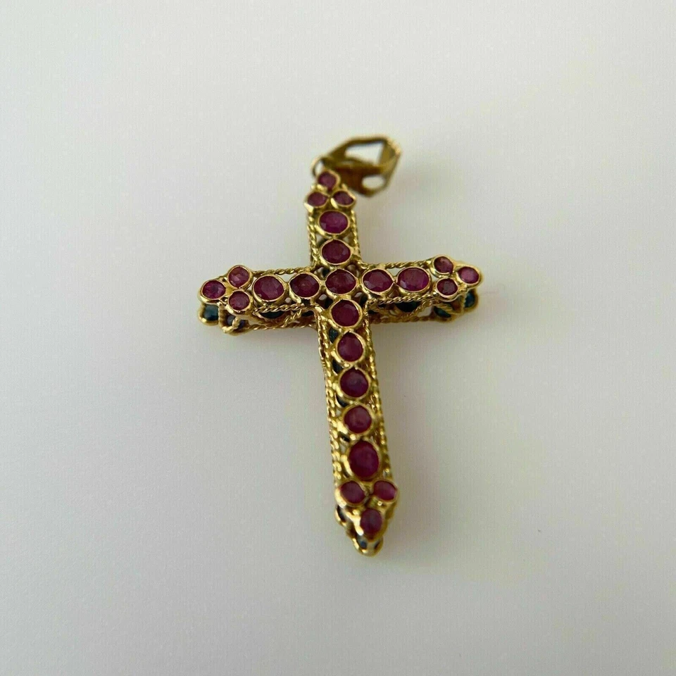 3Ct Round Cut Red Ruby Cross Vintage Pendant 14K Yellow Gold Finish Free Chain - Image 2 of 4