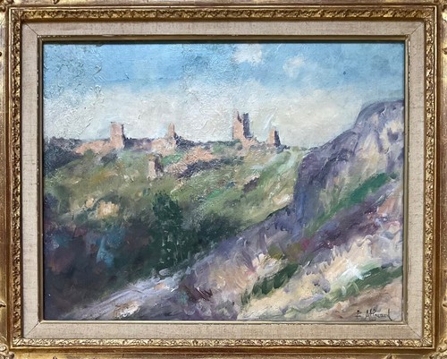 EUGÈNE ALLUAUD TABLEAU 1930/40 PEINTURE ORIGINALE LES RUINES DE CROZANT - Picture 2 of 7