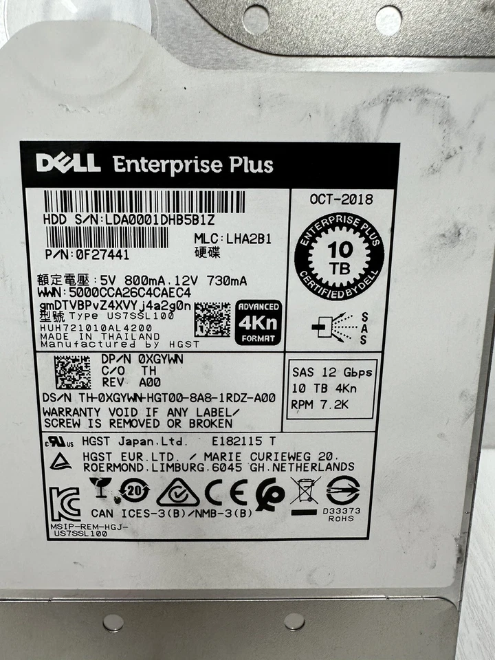 Dell XGYWN 10TB Enterprise Plus LFF 3.5in SAS-3 12G 7.2K HDD 0XGYWN - Image 3 of 4