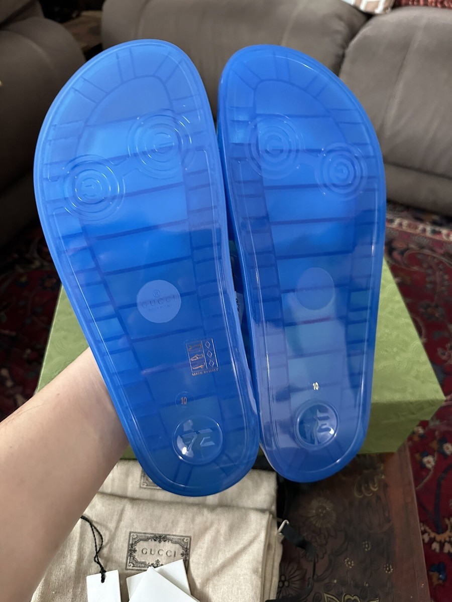 GUCCI 450$ Men's Slide Sandals - Gucci Logo, Transparent Blue