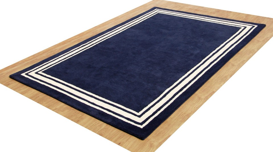 Hotel Harper Border Navy Blue Modern Hand-Tufted 100% Wool Soft Area ...