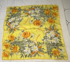 Vintage Vera Newman Silk  Yellow Orange Bold Floral Scarf 27x27”