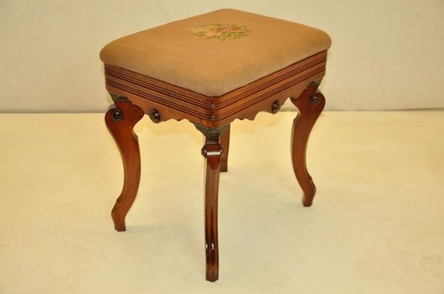 Victorian Walnut Briggs' Adjustable Piano Bench, Stamped, Original Needlepoint