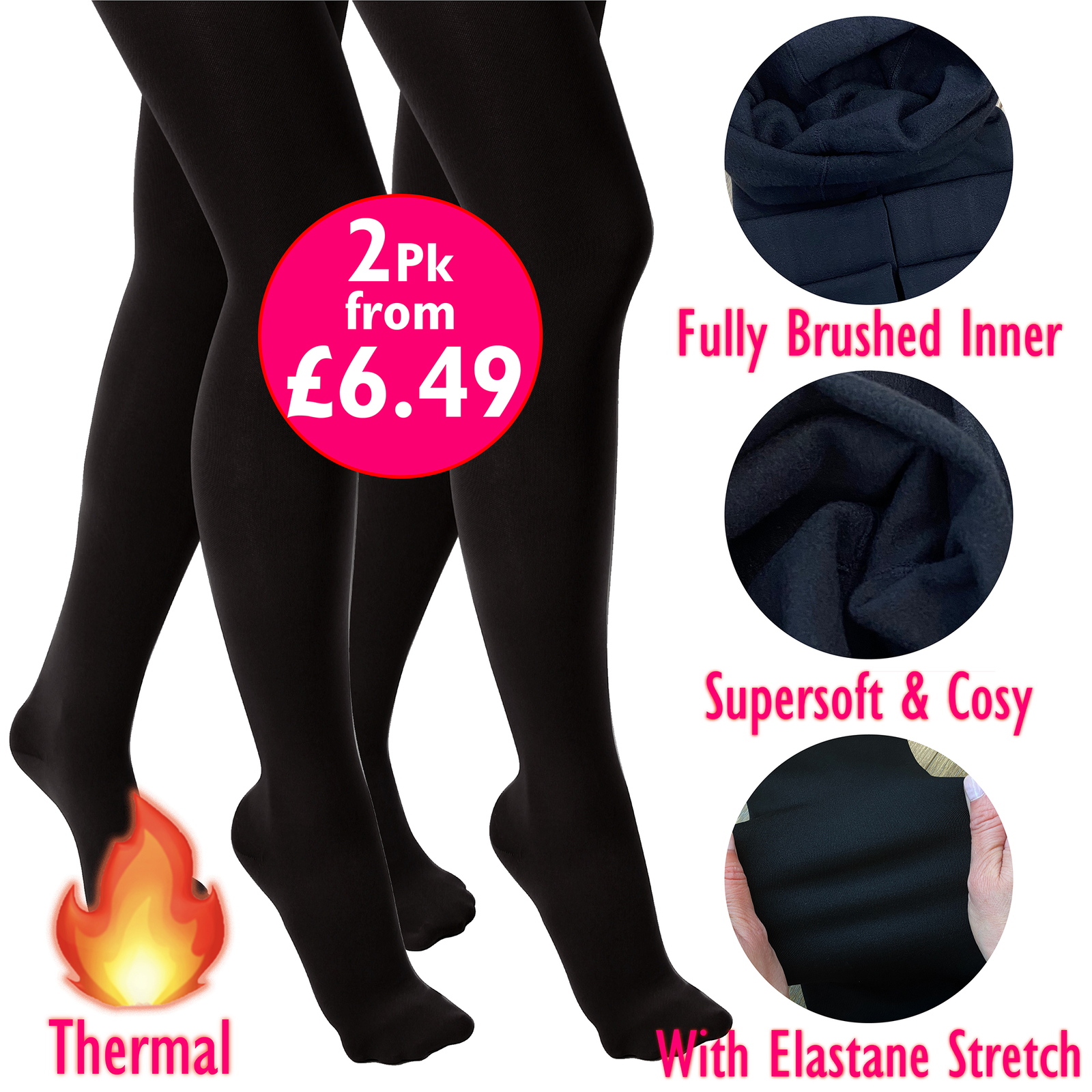 Girls Thermal Tights Brushed Cosy 2 Pairs Girls Black Warm Comfortable