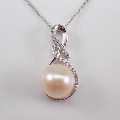 White Gold Diamond and Pearl Pendant Necklace Chain June