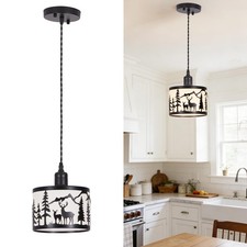 Rustic Deer Pendant Light, 1-Light Farmhouse Metal Chandelier with Linen Shad...