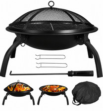 Image of Fire Pit BBQ Grill with Mesh Lid & Cooking Grate Outdoor Garden Heater Fire
