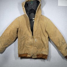 VTG 90s Carhartt J158 Jacket Boys Large Distressed Brown Canvas Hooded Coat RARE