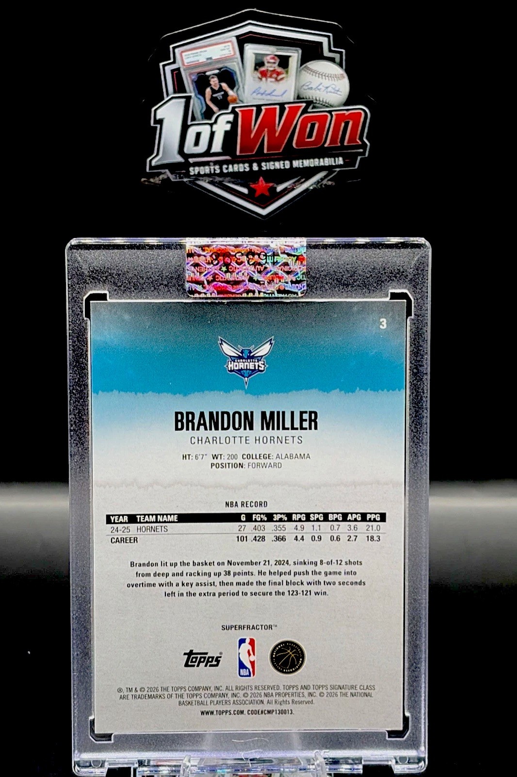 2025 Topps Signature Class Chrome Superfractor 1/1 Brandon Miller Hornets🔥 view 2