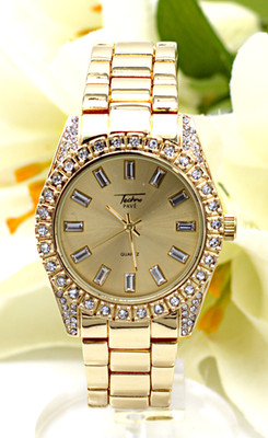 TECHNO PAVE MEN'S GOLD TONE STAINLESS STEEL CZ BEZEL WATCH