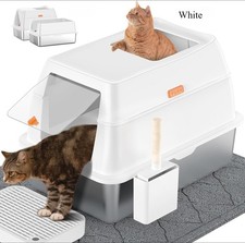 Stainless Steel Litter Box with Lid,Extra Large Enclosed Removable, White