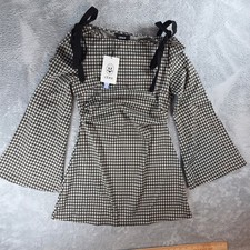 Cider Women Medium Coffee Gingham Mini Dress Long Sleeve Retro Preppy Checkered