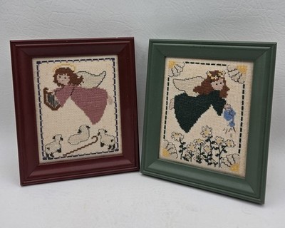 Completed Cross Stitch Framed Angel Set of 2 Winter & Spring 5''x6'' 1996 Vintage