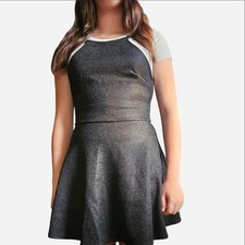 Girls Black Silver Glitter Fit  Flare Short Sleeve Party Dress Holiday
