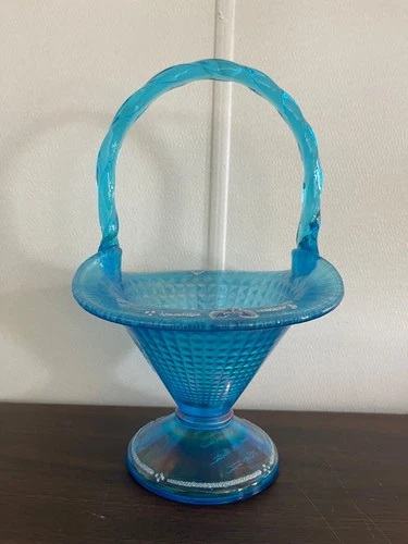 Fenton 90th Anniversary Coralene Celestial Painted Blue Glass Basket Signed