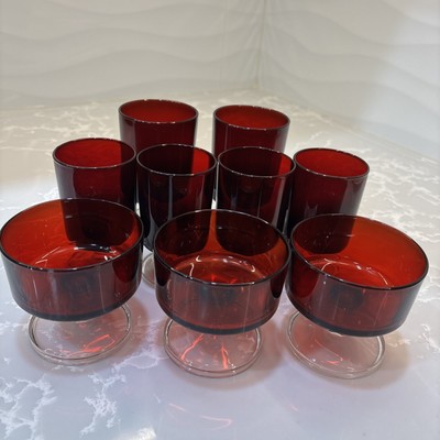 Vintage Luminarc Arcoroc Ruby Red Cavalier  Wine Glasses France Set of 9