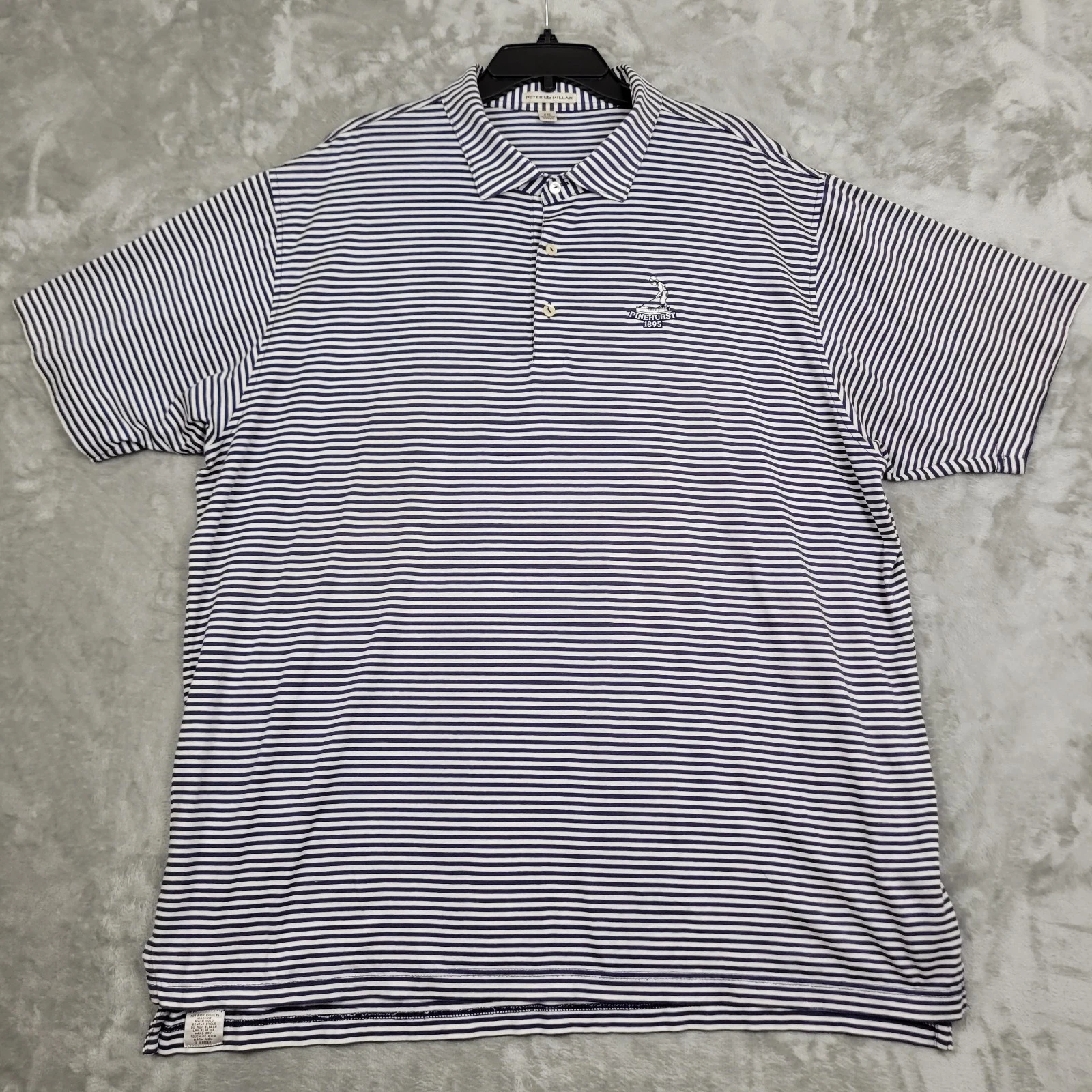 Peter Millar Mens 2XL Blue Striped Golf Polo Short Sleeve Pinehurst 1895 Logo