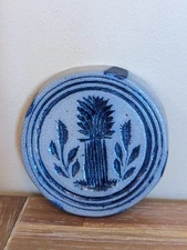 Rowe Pottery Wheat Trivet Wall Tile 1990 4” Round Cobalt Blue Salt Glazed