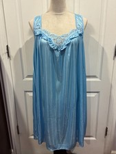 Women Light Blue Silky Sleeveless Scoop Lace Nightgown Sz L 38"Lx20"W 