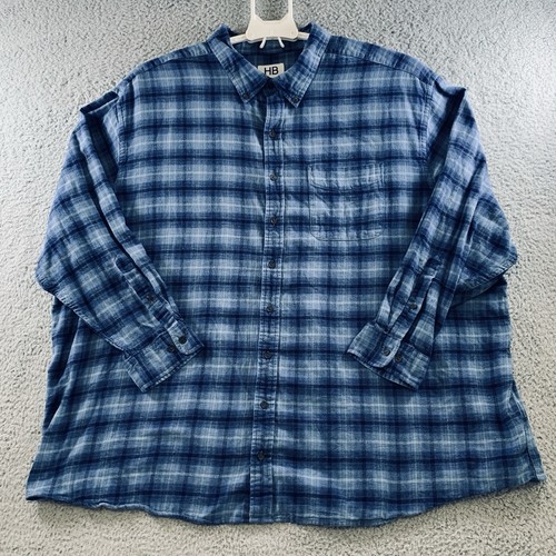 HB Harbor Bay Flannel Shirt Men's Long Sleeve Button Up Cotton Plaid Blue 4XL - Picture 1 of 10