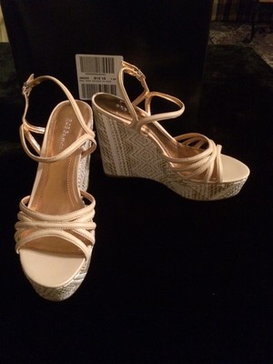 BCBGMaxazria Shoes Hosanna Leather & Fabric Bronze & Tan Wedges Size 10 NWT