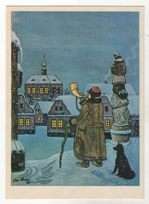 1950s Fairy Tale ill. On a winter evening Man Dog Czech postcard OLD