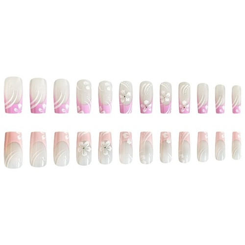 24x French Tip Press On Nail Medium Length False Nail Flowers Artificial Nail - Picture 4 of 8
