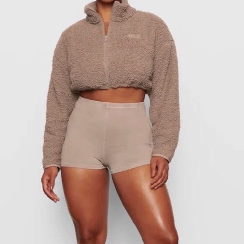 SKIMS Teddy Zip Up Crop Jacket in Tigers Eye Extra Extra Small XXS