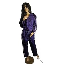 Vintage LAVON Windbreaker Track Set Jacket & Pants Purple w/ White Stripe Size M