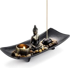 Buddha Statue Set Holz Harz Deko Zen Garten Kerzenhalter Weihrauchhalter