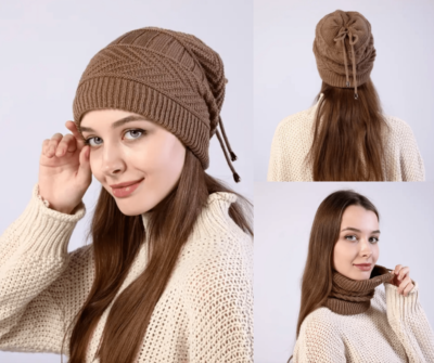 Womens Knitted Slouchy Beanie Hat & Neck Warmer Set Adjustable