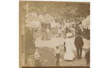 OUTDOOR FESTIVAL TENTS + MANY PEOPLE, BOY W/ CHICAGO PAPER SIGN VINT STEREOVIEW