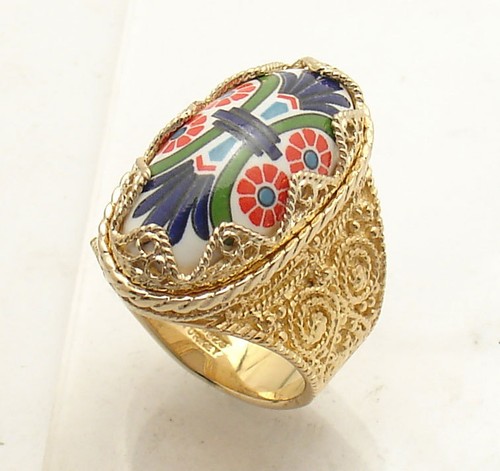 Technibond Oval Cabochon Ceramic Filigree Ring 14K Yellow Gold Plated Silver HSN