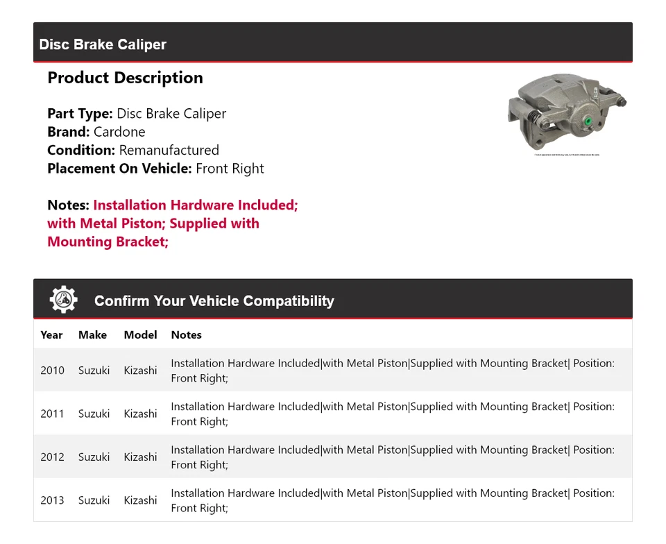 Pinza de freno de disco delantera derecha Cardone 2011 2012 para Suzuki Kizashi 2010-2013 Foto 2 de 4