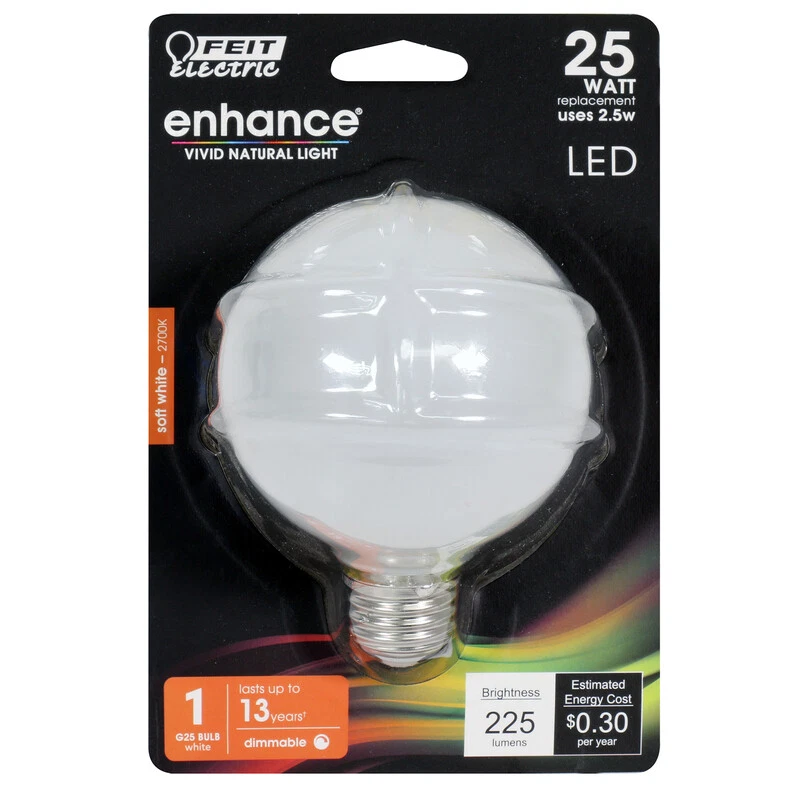 Feit Electric acre Enhance G25 E26 Medium LED Bulb Soft White 25
