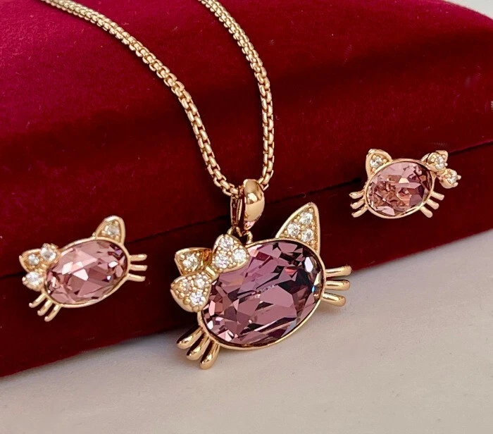 Edel Hello Kitty Schmuckset Kinder Kristalle Lila 750er Gold 18K vergoldet Etui - Bild 3 von 4