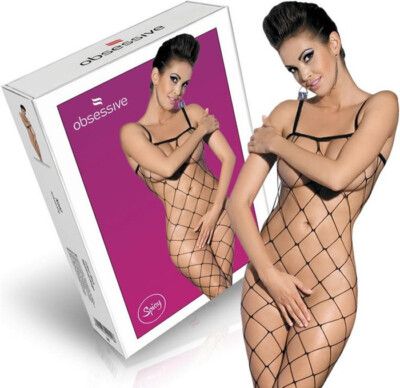 N102 Bodystocking Overall Overall schwarz mit dünnen Trägern aus Netz weit gestrickt