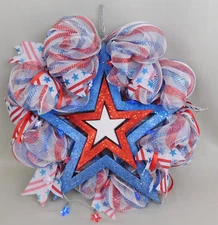 Handmade Mesh Wreath Patriotic Stars & Stripes LED Light String Foam Star #C314