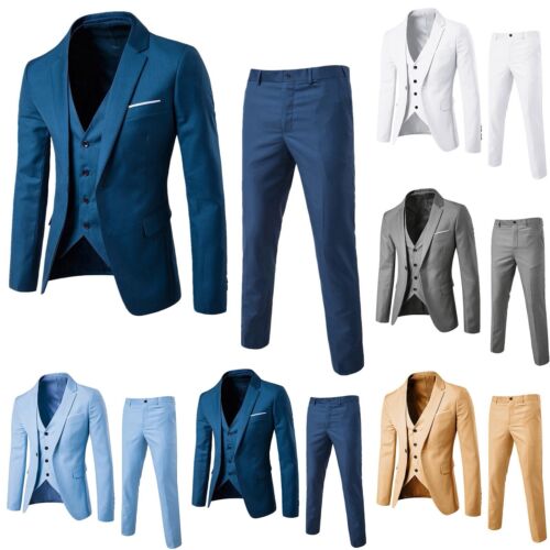 Jacket Vest & Pants Men Suit Slim 3-Piece Set Blazer Business Wedding Party Suit - Picture 1 of 22