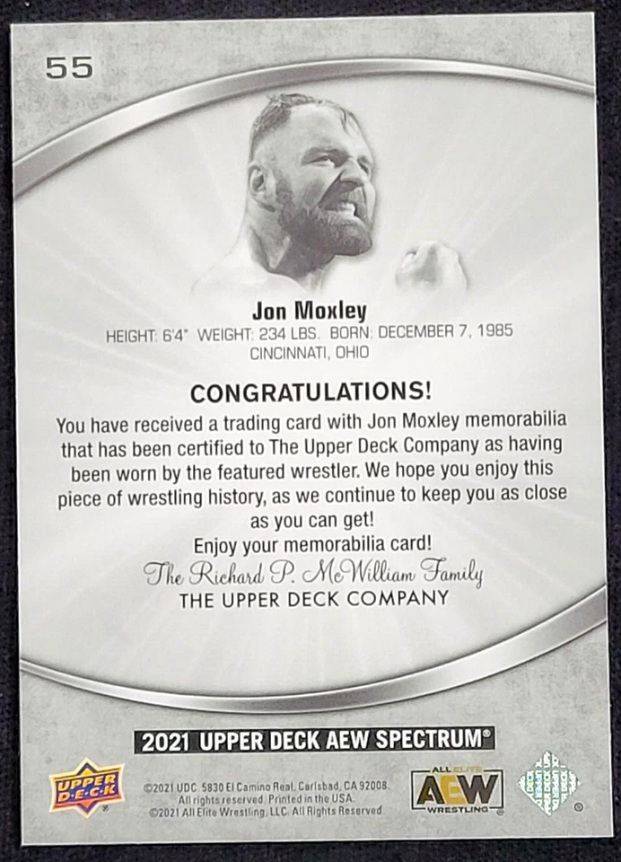 2021 UPPER DECK AEW SPECTRUM JON MOXLEY RELIC ALL ELITE WRESTLING - Image 2 of 2