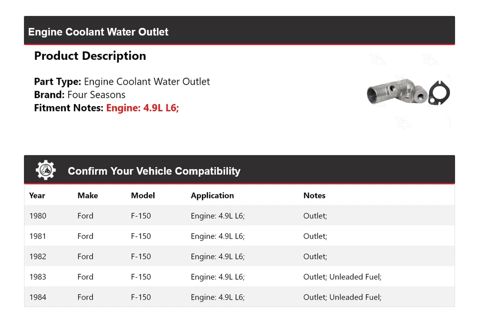 Para Ford F-150 1980-1984 4,9 L motor L6 salida de agua refrigerante 4 estaciones 1981 1982 Foto 2 de 4