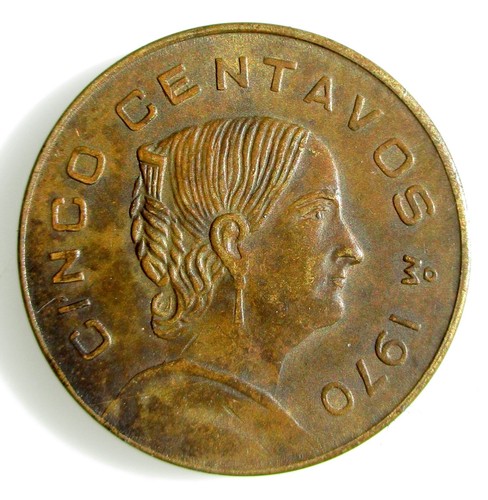 1970 Mexico 5 Centavos, Brass Coin