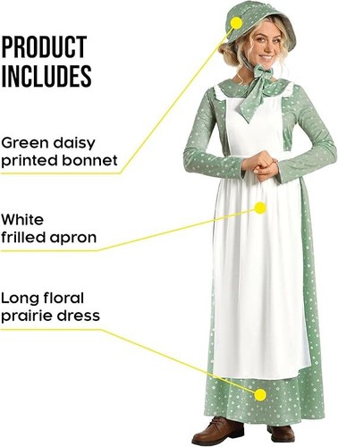 Women`s Betsy Ross Costume Colonial Prairie Pioneer Patriot Dress + Bonnet - Picture 2 of 6