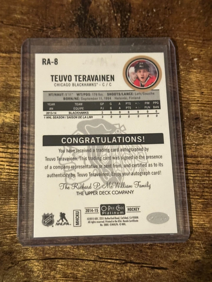 2014-15 O-Pee-Chee Platinum Rookie Autographs #RA8 Teuvo Teravainen RC - Image 2 of 2
