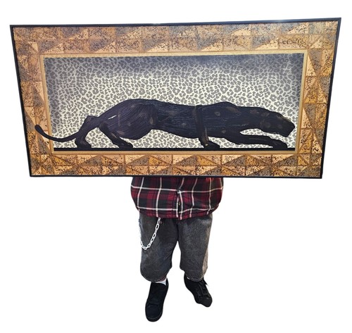 RIESIGES Art Deco Stil Black Panther Vintage Leinwand Gemälde gerahmt 60"x30" MCM Kunst - Bild 2 von 14