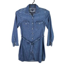 Womens Gap Denim Blue Belted Shirt Dress Long Sleeve Button Down 100% Cotton S
